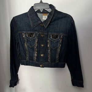 Boom Boom Jeans Denim Cropped Cheetah Print Jacket with Embellishments